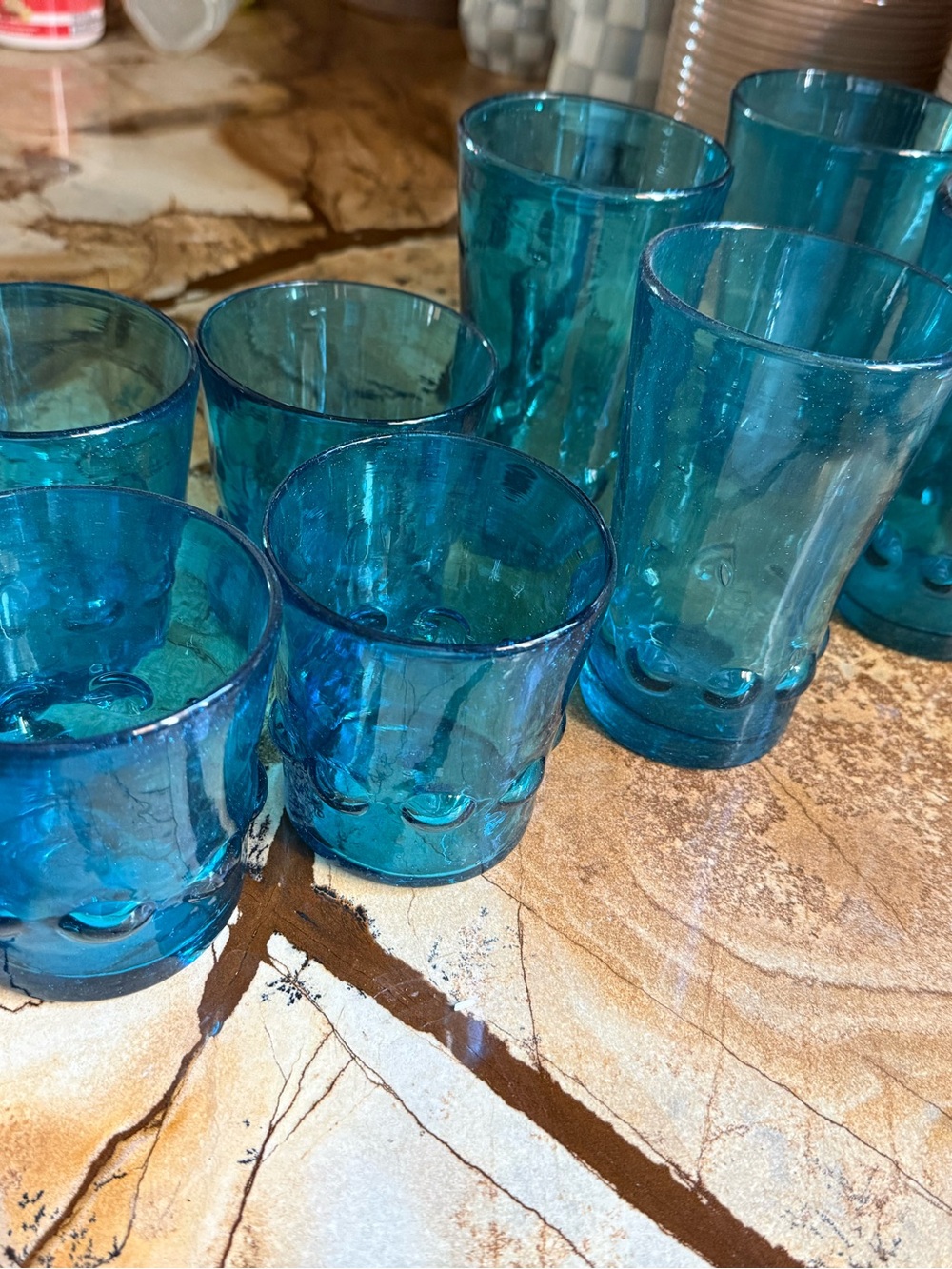 Hand Blown Blue Bubble Glass Tumblers Short & Tall MCM  Drinkware set 8